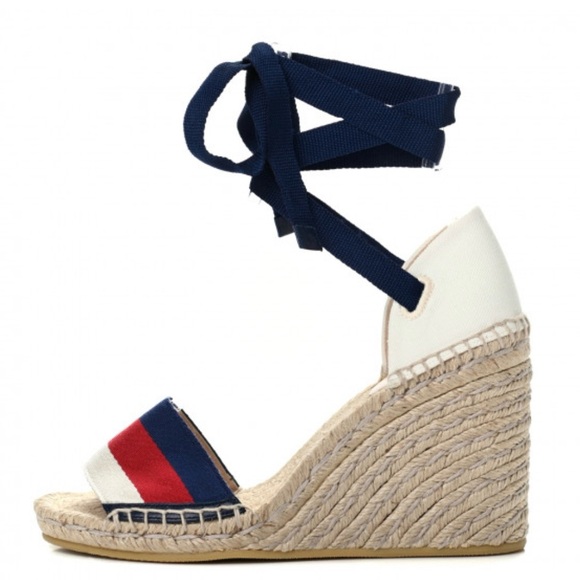GUCCI
Canvas Sylvie Web Ankle Wrap
Espadrille Wedge Sandals - Picture 3 of 12